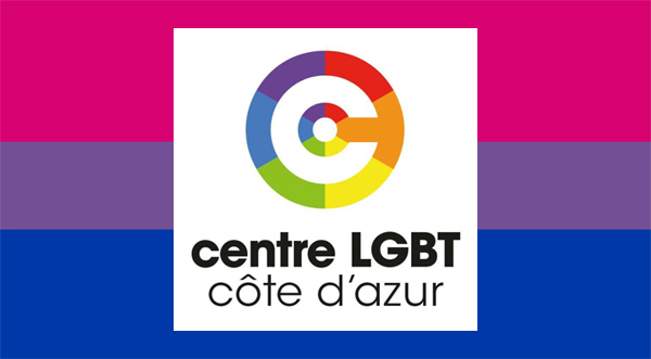 Logo du centre LGBT côte d'azur sur le drapeau bi